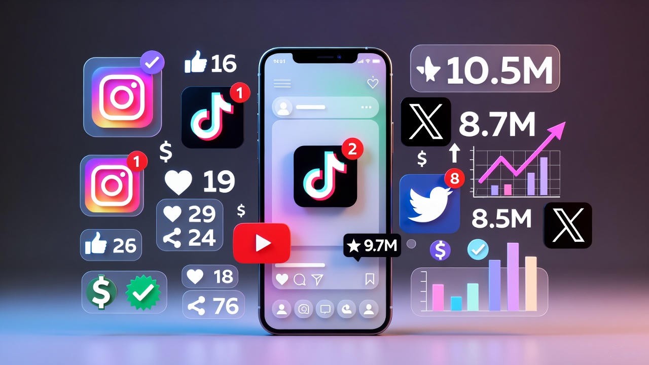 2026 yılında influencer olma sürecini ve sosyal medyadan para kazanmayı simgeleyen modern dijital illüstrasyon