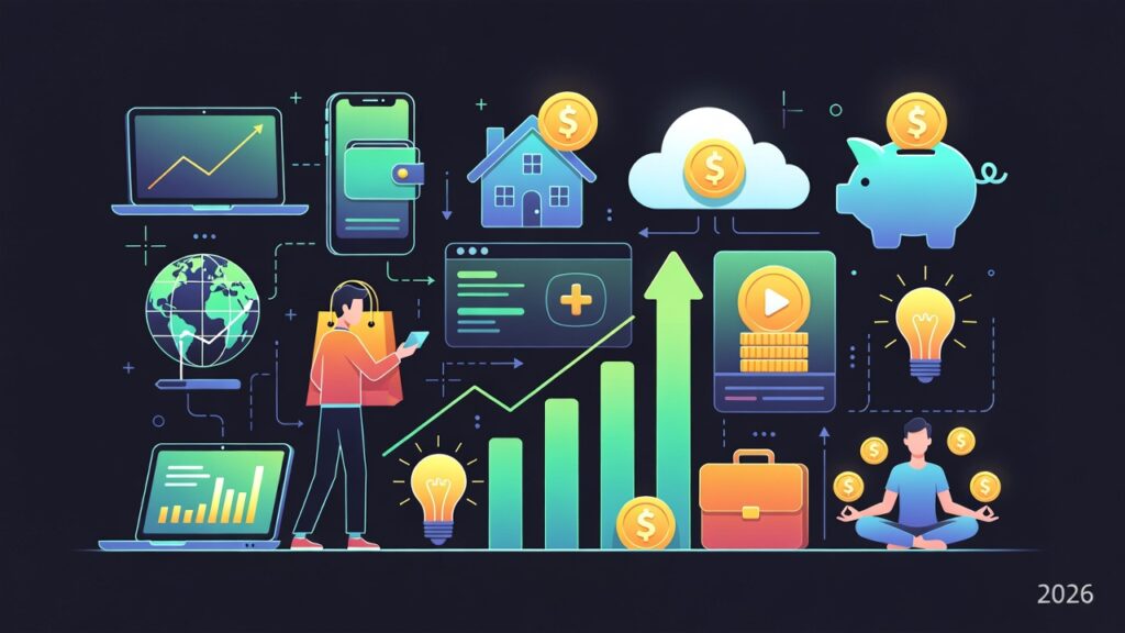 2026 pasif gelir yöntemlerini temsil eden dijital kazanç görseli