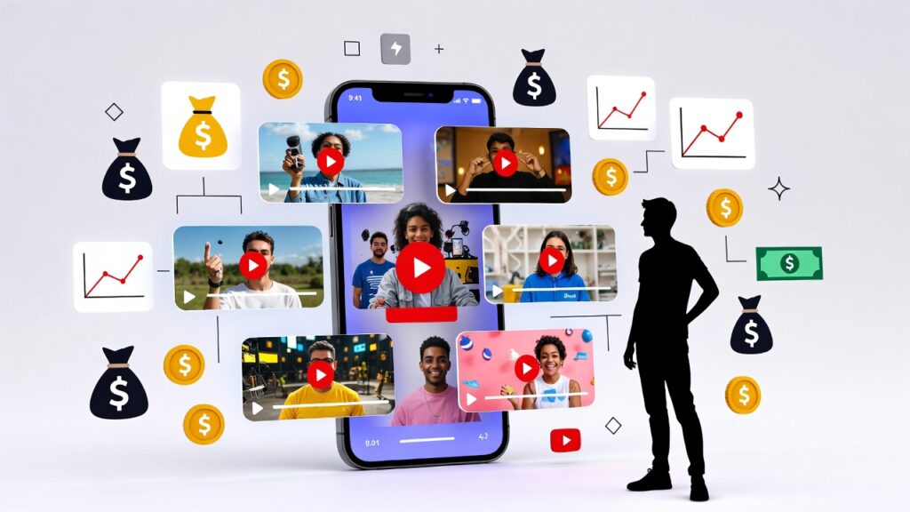 YouTube Shorts ile para kazanma 2026 konseptini anlatan dijital görsel