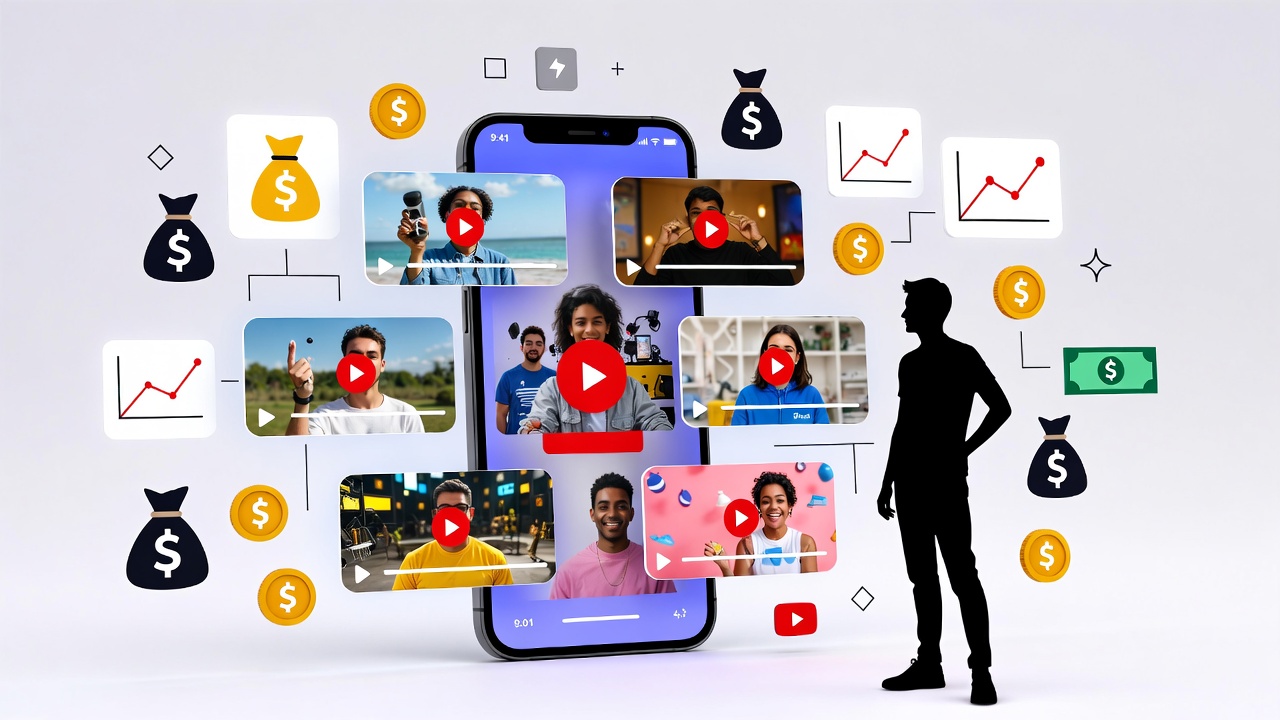 YouTube Shorts ile para kazanma 2026 konseptini anlatan dijital görsel